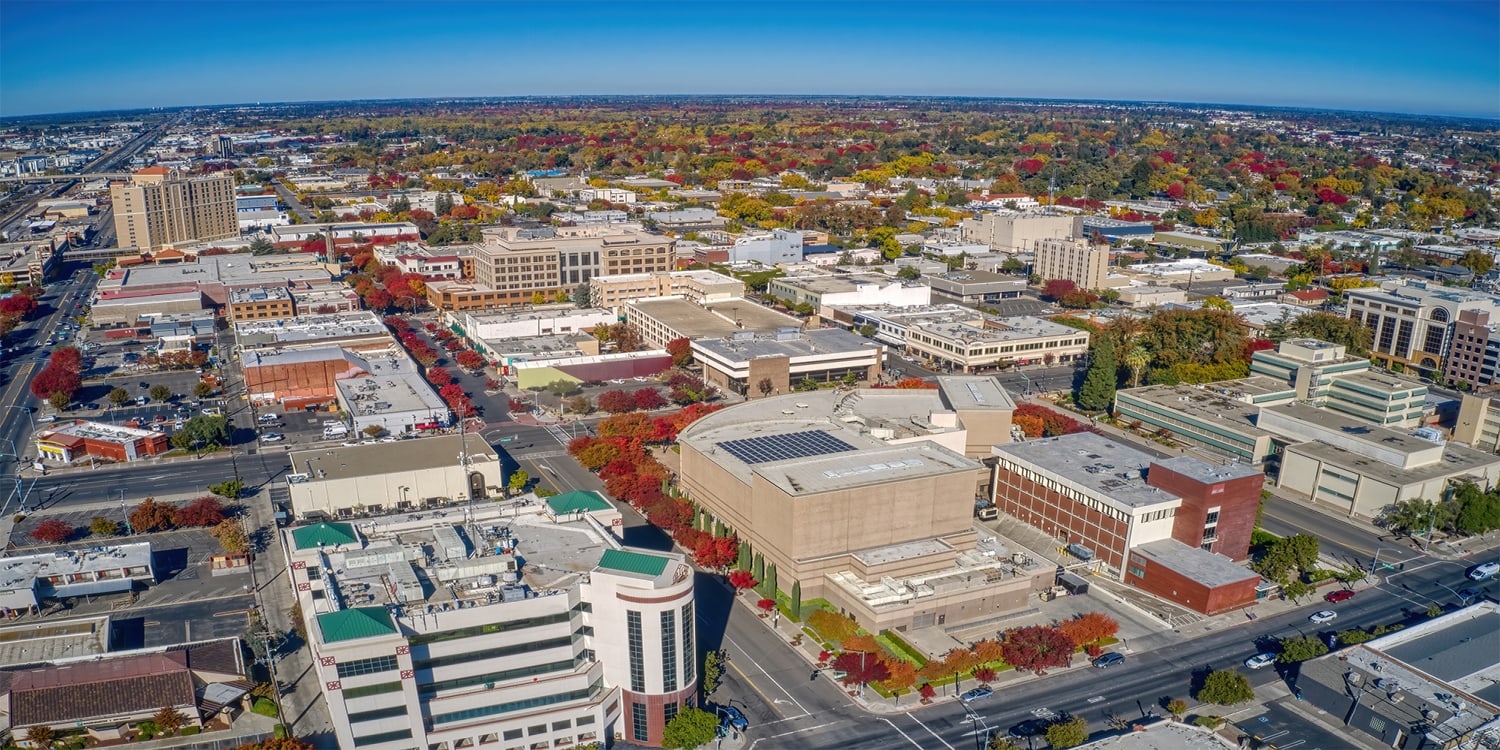 Aerial view of Modesto, CA. Representing buying houses in Central Valley.